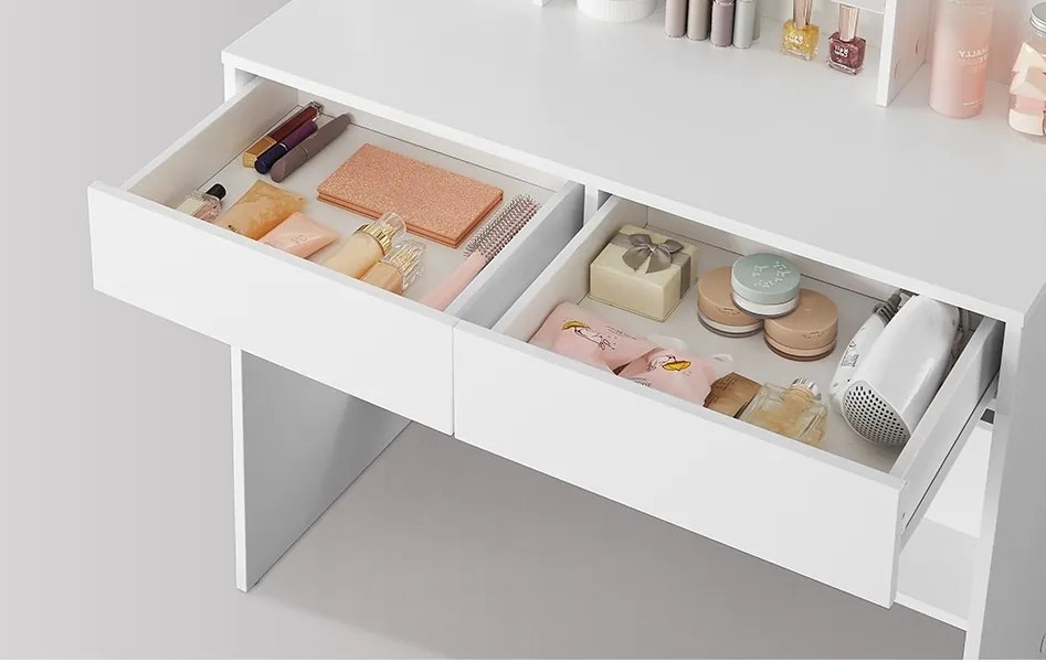 SEA81 - Set Masa toaleta, 90 cm, masa machiaj cu oglinda LED, Organizator Bijuterii, cosmetica, masuta vanity - Alb
