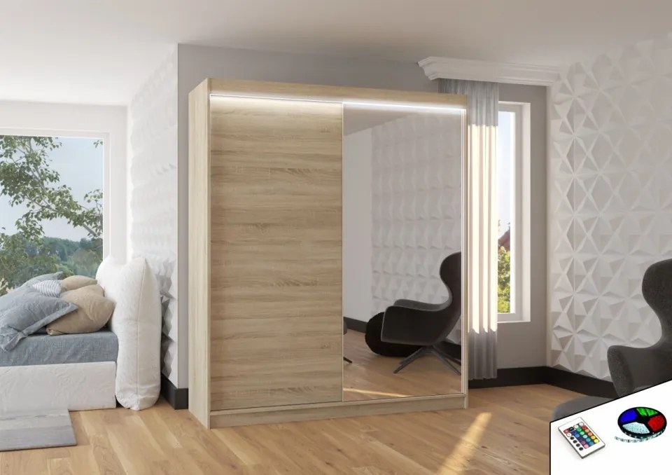 Dulap cu usi glisante si oglinda + iluminare LED, Viki 180 + LED, 180 cmx200 cmx58 cm, ADRK Furniture (Culoare: Negru / Alb)