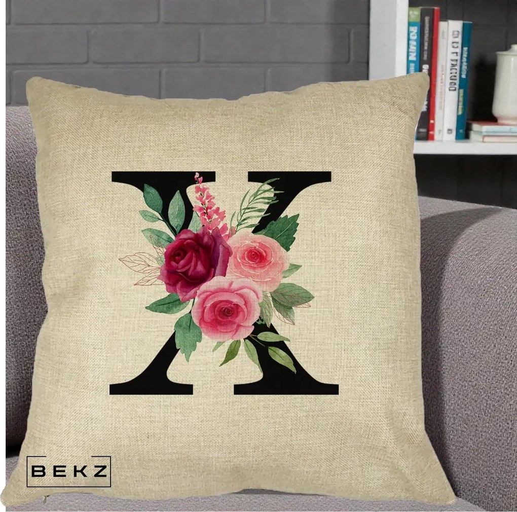 Cadou Personalizat - Perna Personalizata Monograma Florala Litera X cu Buchet, 40x40 cm, Crem, Husa Detasabila, Perna Inclusa, BEKZ®