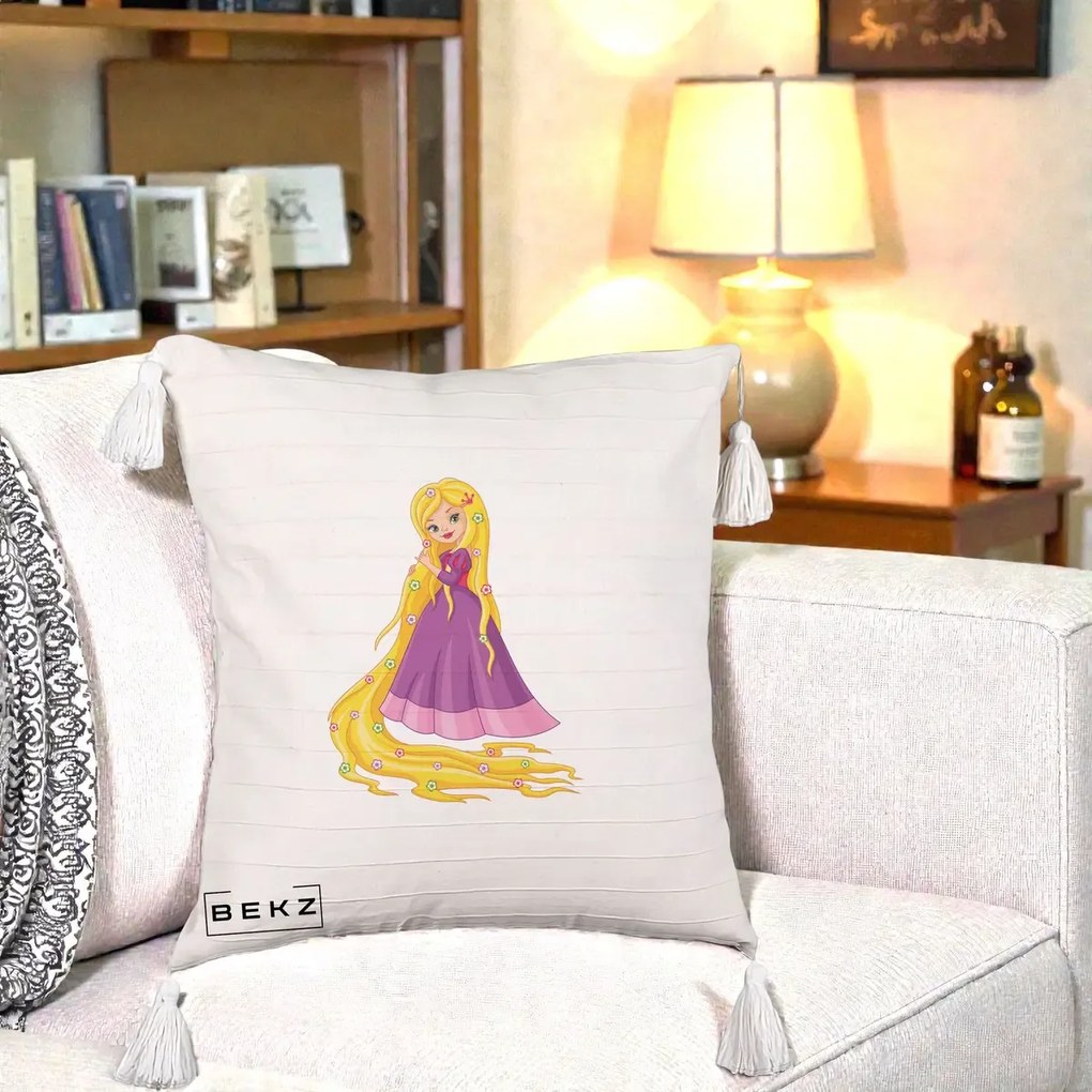 Perna Personalizata Rapunzel Par Lung Floral, 40x40 cm, Bej cu Franjuri, Husa Detasabila, Perna Inclusa, BEKZ®