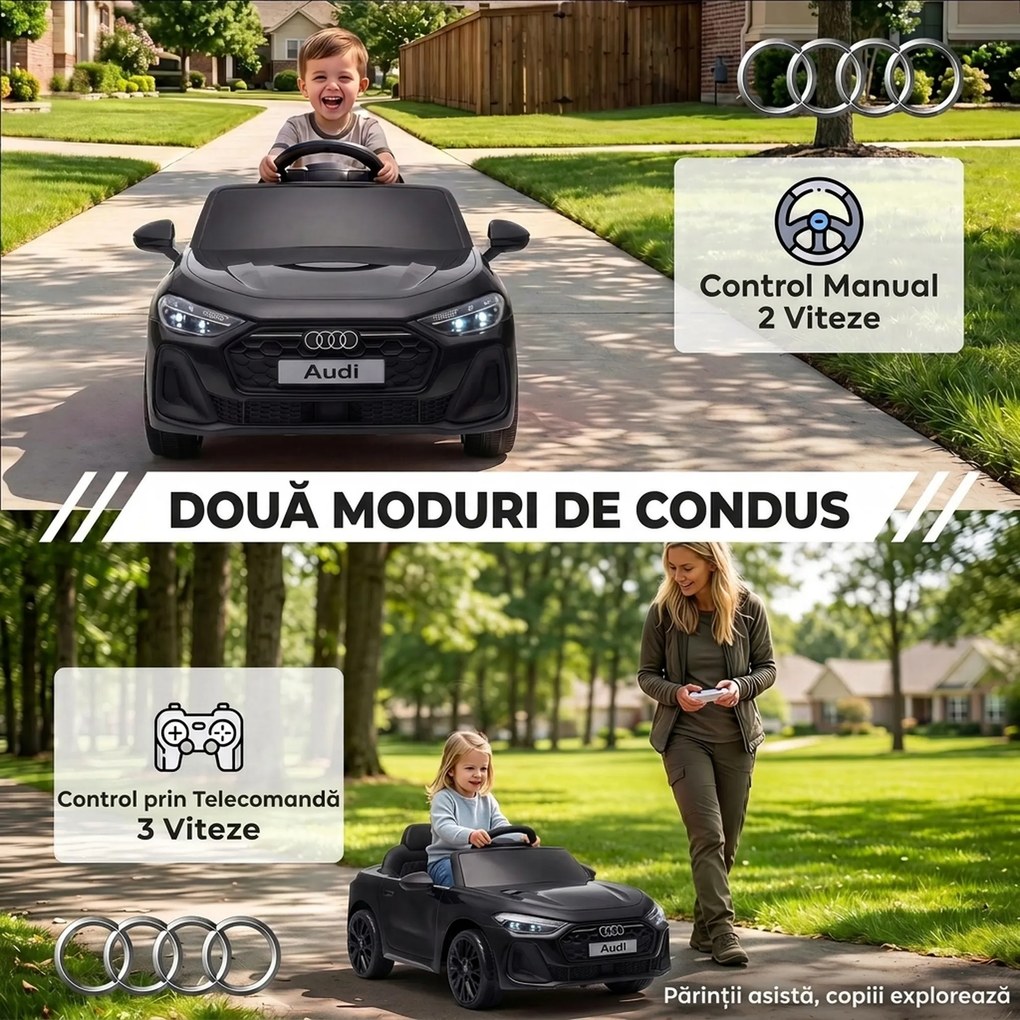 AIYAPLAY Mașină Electrică pentru Copii 12V Audi A5L cu Telecomandă, Baterie cu Litiu, 2 Motoare, Telecomandă, Negru | Aosom Romania