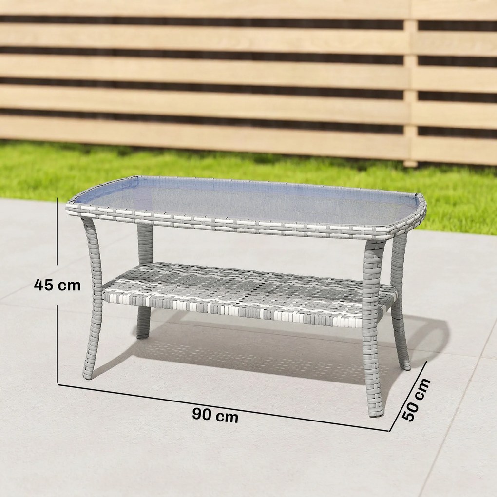 Outsunny Masă de grădină exterioară dreptunghiulară din ratan cu raft blat din sticlă securizată cu model ondulat 90x50x45 cm Gri închis | Aosom Romania