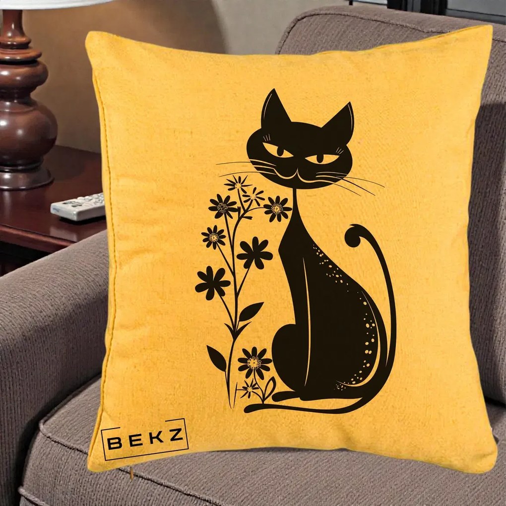 Perna Decorativa Pisica Neagra Grafica Minimalista, 40x40 cm, Galben, Husa Detasabila, Perna Inclusa, BEKZ®