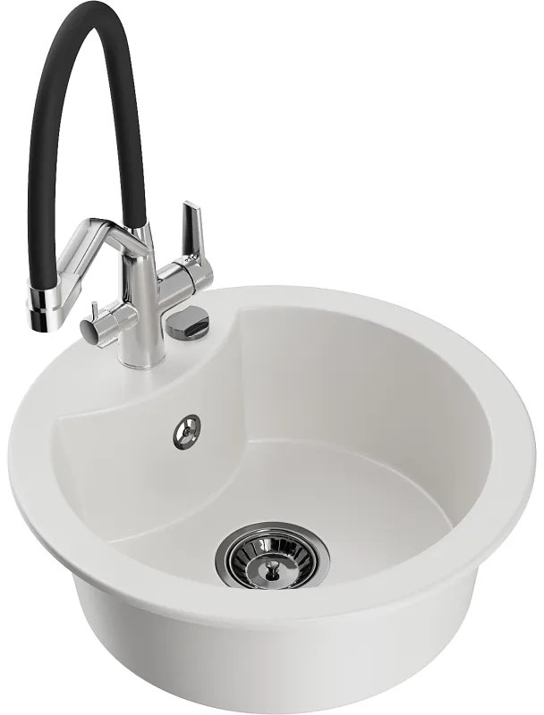 Mexen Diego chiuvetă de granit cu 1 cuvă cu baterie de bucătărie Duo, alb - 6512-20-671701-07-B
