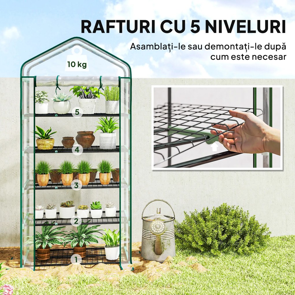 Outsunny Seră tip căsuță cu 5 niveluri, cu ușă rulabilă, din oțel și polietilenă, 90x49x193 cm, transparentă | Aosom Romania