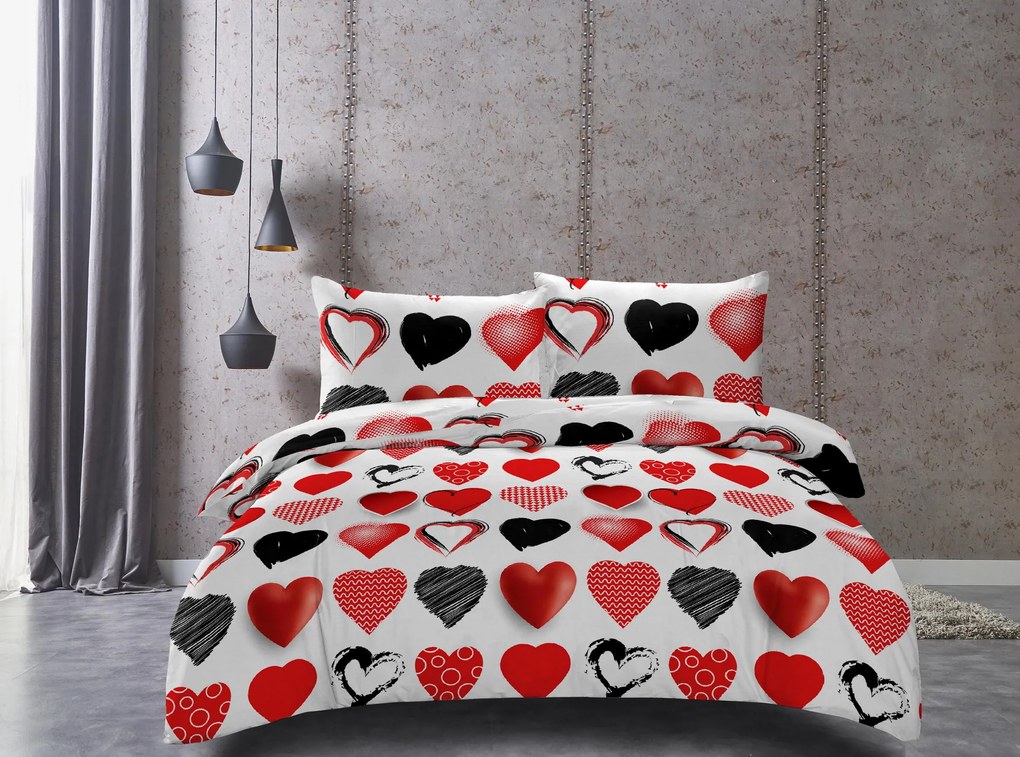 Lenjerie de pat din microfibra alba, HEARTS RED AND BLACK