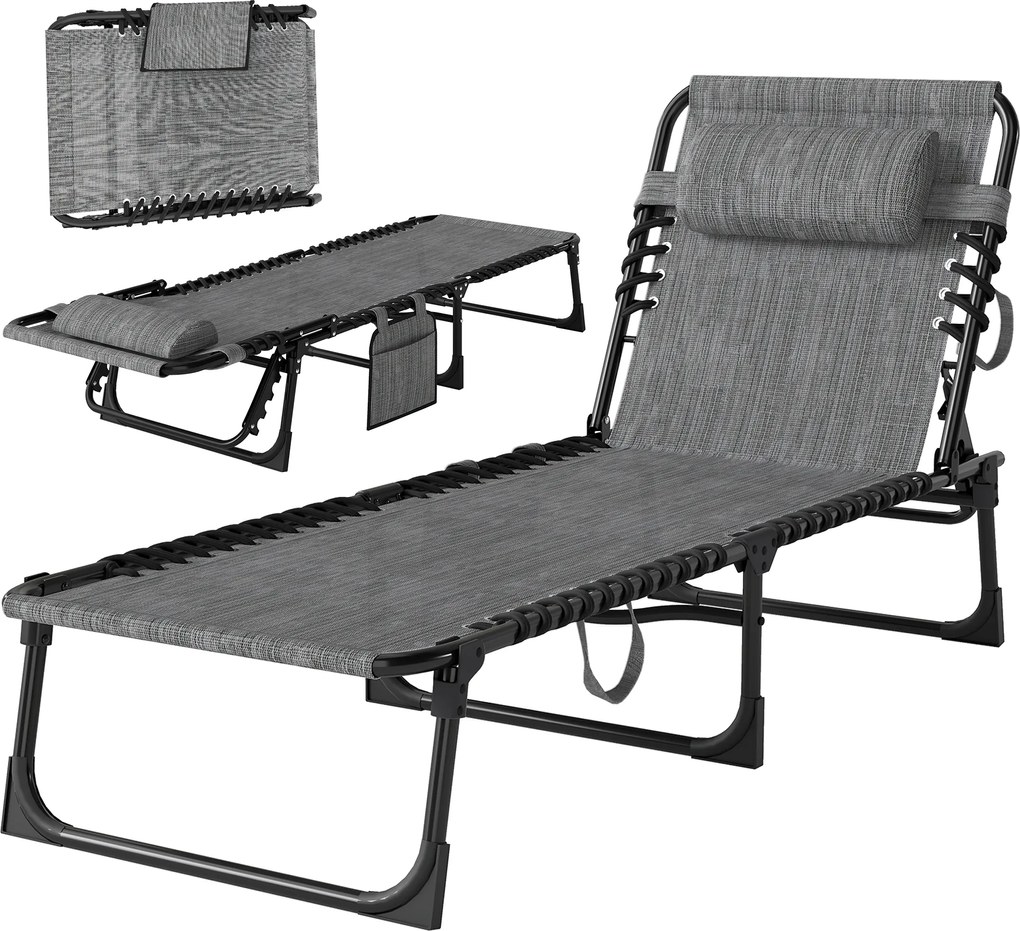 Outsunny Șezlong pliabil pentru plajă/soare, spătar înclinat 5 poziții, pernă pentru cap detașabilă, 189 x 58 x 30 cm, gri | Aosom Romania
