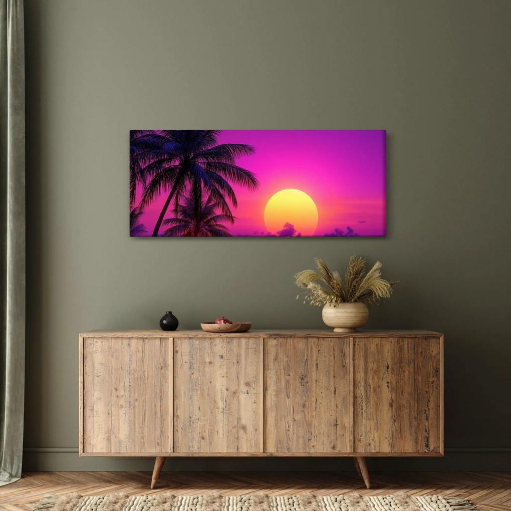 Tablou - Apus violet cu palmier (120x50 cm)