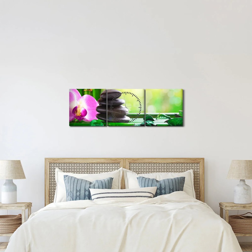 Tablou cu pietre pentru masaj și orhidee (cu ceas) (90x30 cm)