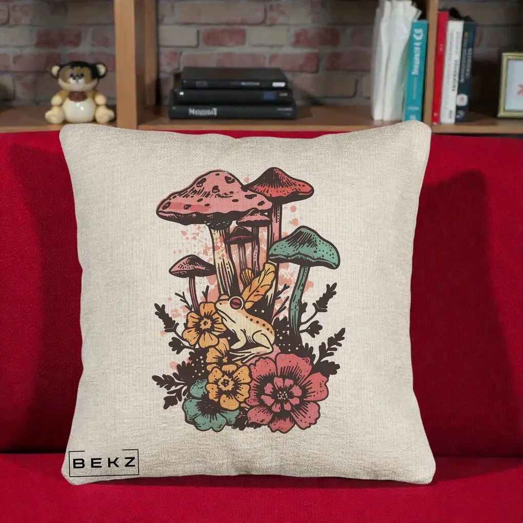 Perna Decorativa Ciuperci si Broaste Boho, 40x40 cm, Bej Canapea, Husa Detasabila, Perna Inclusa, BEKZ®
