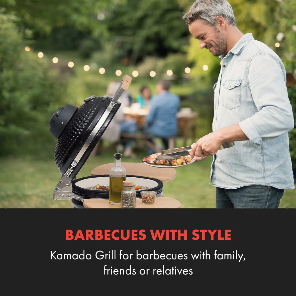 Queen Kamado, termometru pentru grătar, panouri laterale detașabile, negru
