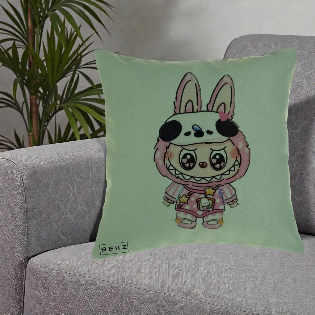Perna Personalizata Labubu Panda-Bunny Roz, 40x40 cm, Verde, Husa Detasabila, Perna Inclusa, BEKZ®