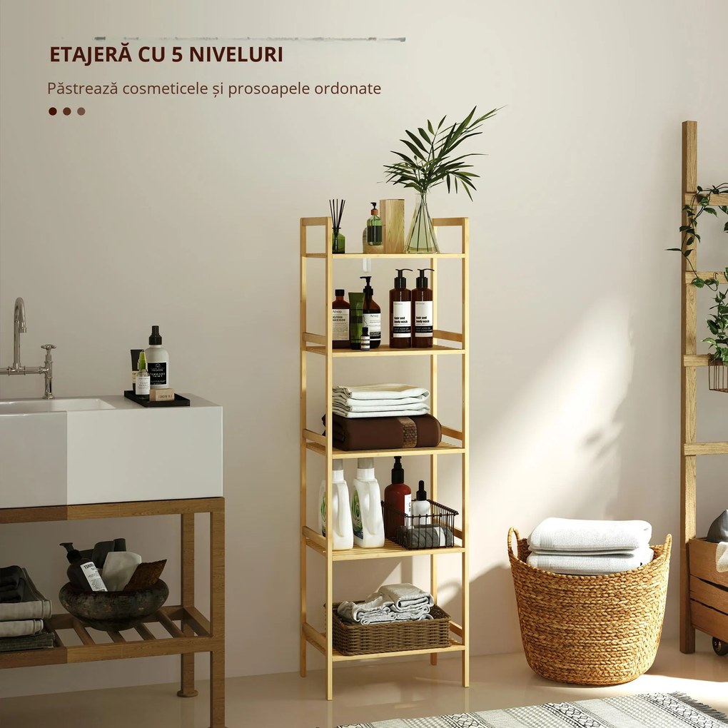 HOMCOM Raft de Depozitare pentru Baie cu 5 Niveluri, 43,5x31,5x142 cm, Lemn Natural | Aosom Romania