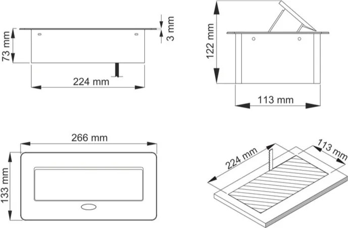 Priză încorporabilă în blat Kombibox Design Light, 2 prize Schuko, USB A + C, negru, 266 x 133 mm Metal, L:266 mm; l:133 mm, Negru