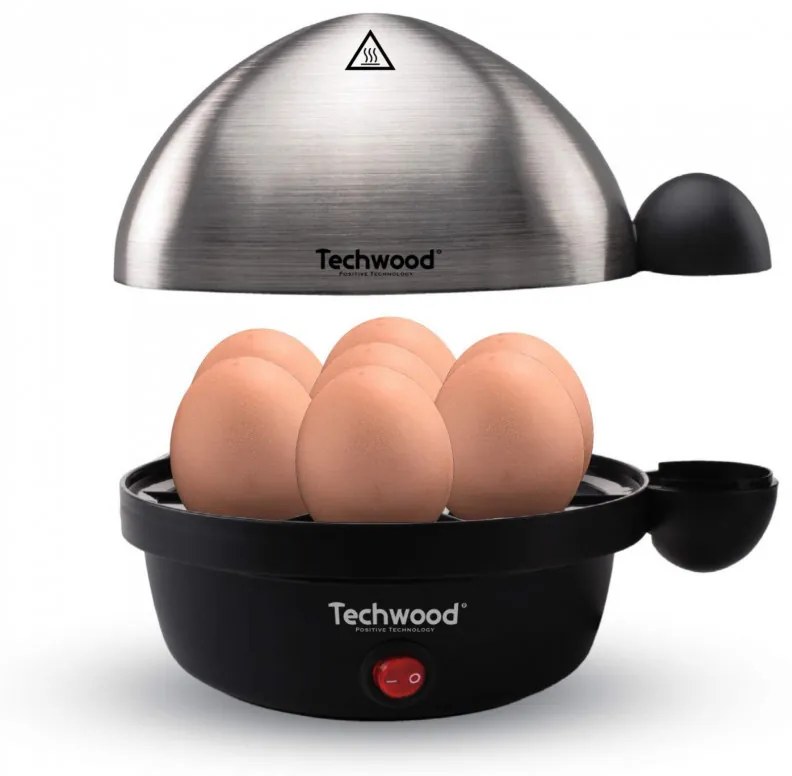 Fierbator pentru ouа Techwood TO-007, 350W, 7 oua, Functie de prajire pana la 4 ouăa, Alarma, Negru/Inox