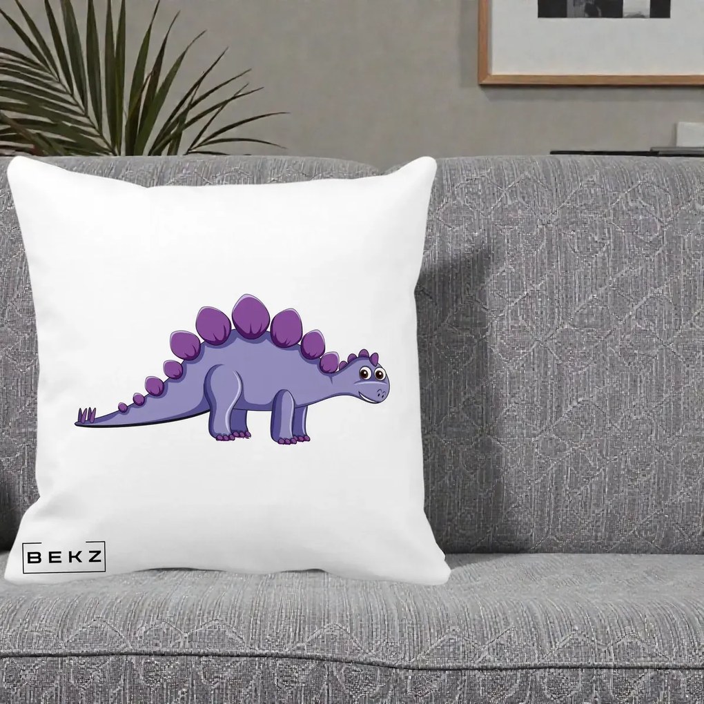 Perna Personalizata Stegozaur Mov, 40x40 cm, Alba Mata, Husa Detasabila, Perna Inclusa, BEKZ®