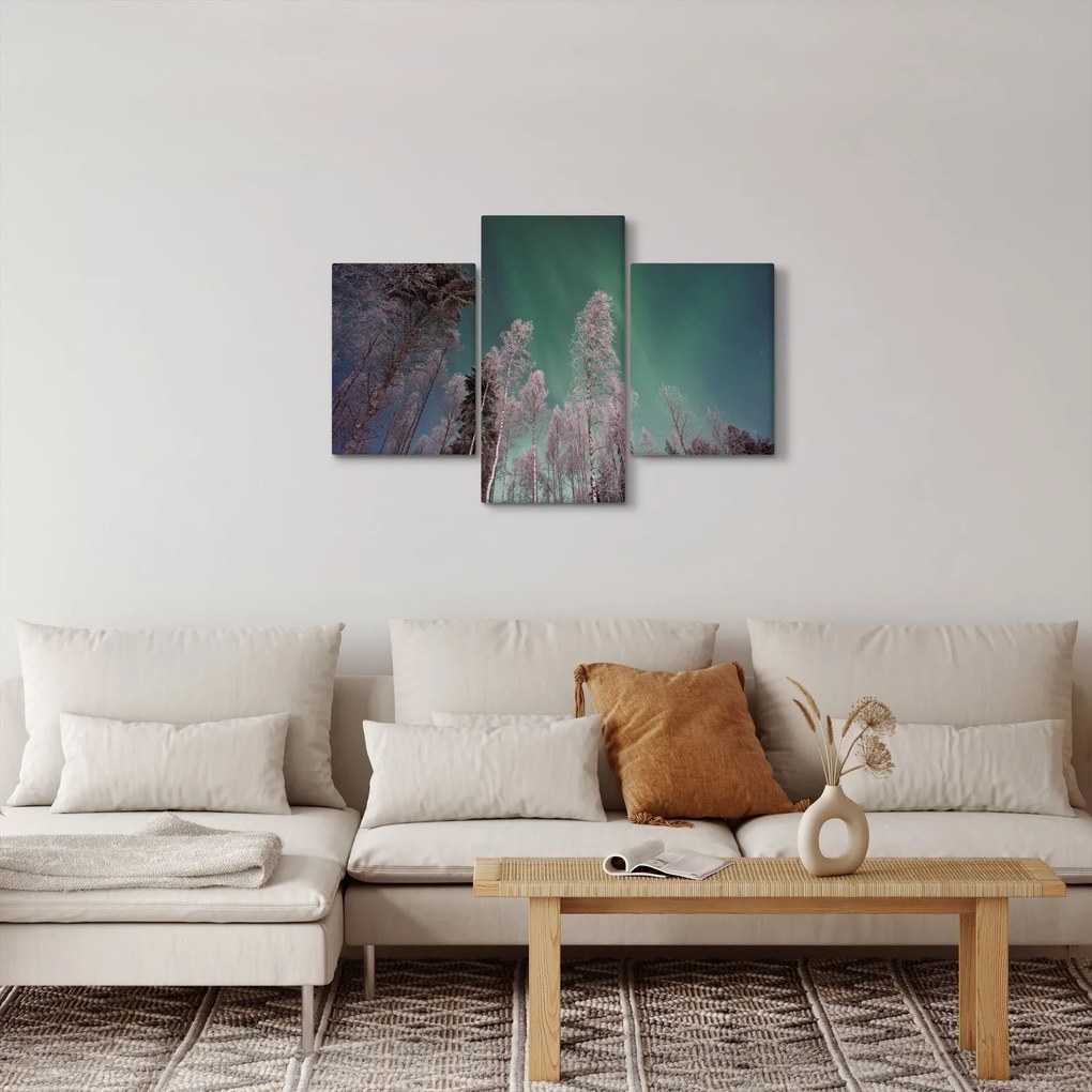 Tablou cu aurora borealis deasupra pomilor înghețați (90x60 cm)