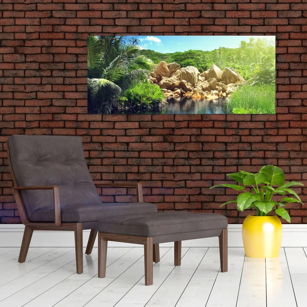 Tablou cu lac în jungla din Seychelles (120x50 cm)