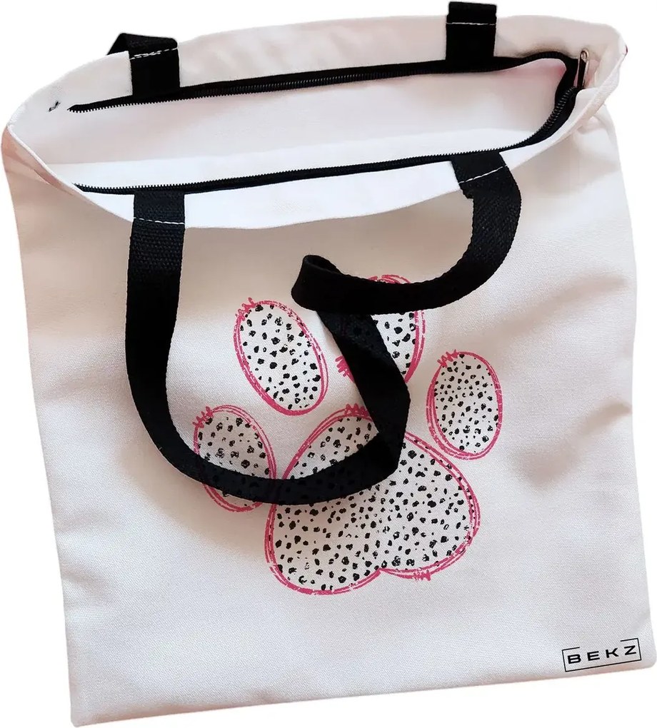 Sacosa de Panza pentru Cumparaturi, Geanta Tote, model Paw, Cu fermoar, 38x34.5 cm, Alba, BEKZ®