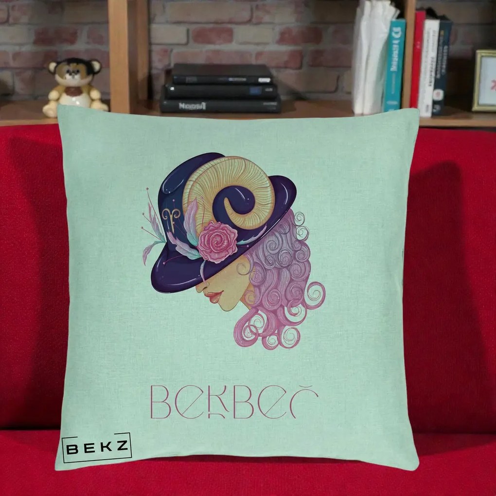 Perna Personalizata Zodie Berbec, 40x40 cm, Verde Menta, Husa Detasabila, Perna Inclusa, BEKZ®
