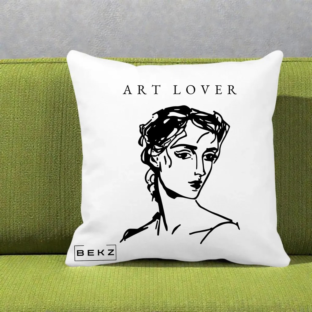 Perna Decorativa Art Lover Portret Grafic, 40x40 cm, Alba Mata, Husa Detasabila, Perna Inclusa, BEKZ®