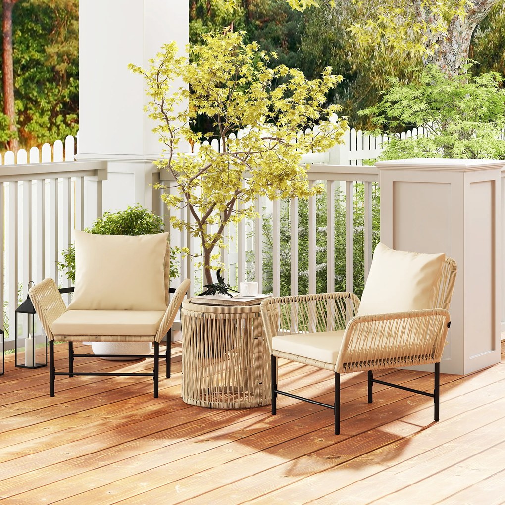 Outsunny Set mobilier de grădină din Polyrattan, mobilier outdoor pentru balcon pentru 2 persoane, 3 piese cu 2 scaune, măsuță laterală, perne | Aosom Romania