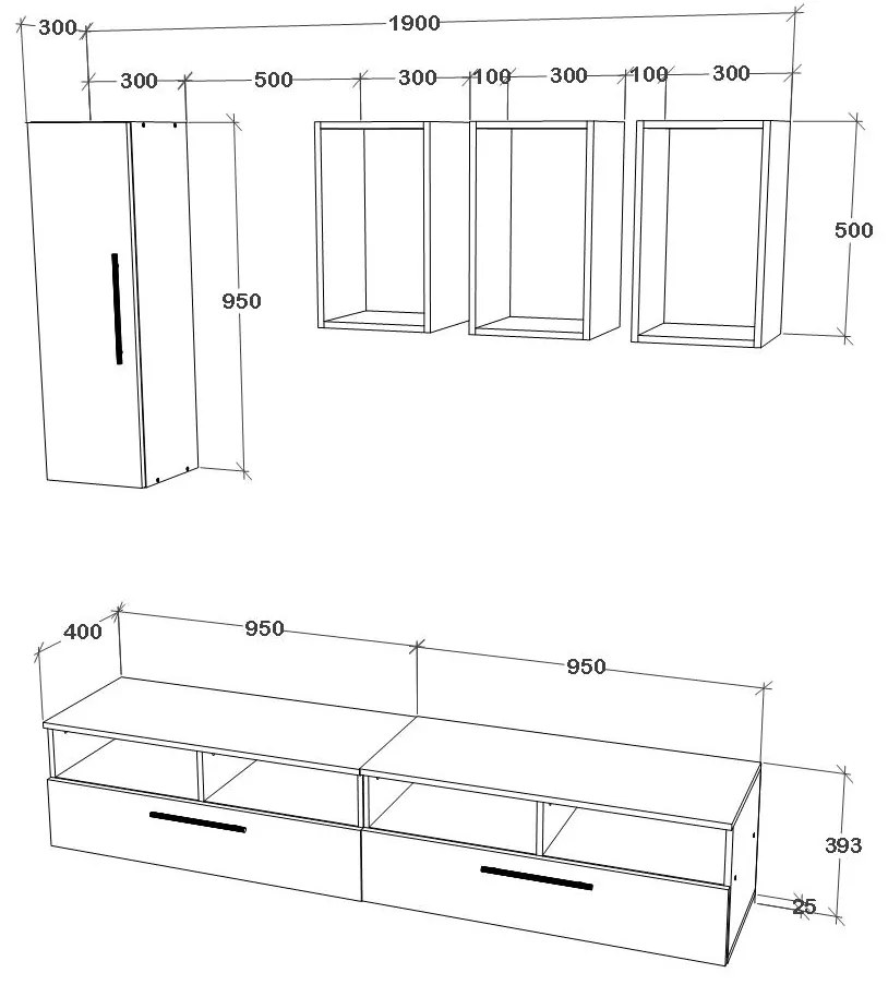 Living Kos V12, Negru/Alb Lucios, MDF, L 190 cm