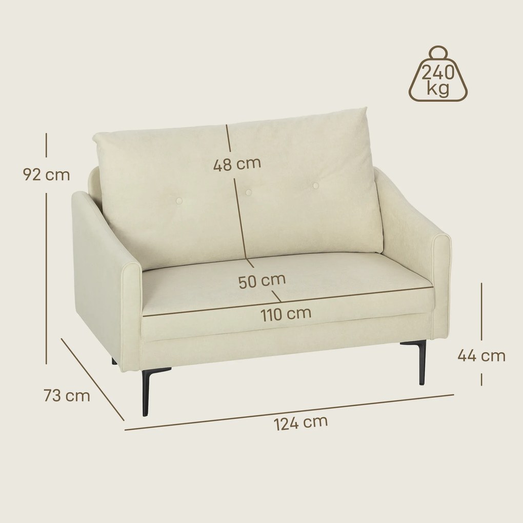 HOMCOM Canapea cu 2 Locuri din Catifea cu Spătar Matlasat și Pernă Detașabilă, Canapea Compactă Modernă cu Picioare din Metal pentru Sufragerie, 124x73x92 cm, Crem | Aosom Romania