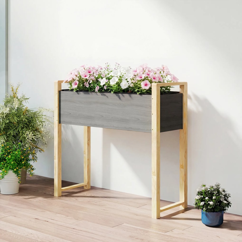 Outsunny Pat de grădină pătrat cu picioare, pat de grădină ridicat, 4 orificii de drenaj și țesătură nețesută, 98 x 37 x 90 cm, gri | Aosom Romania