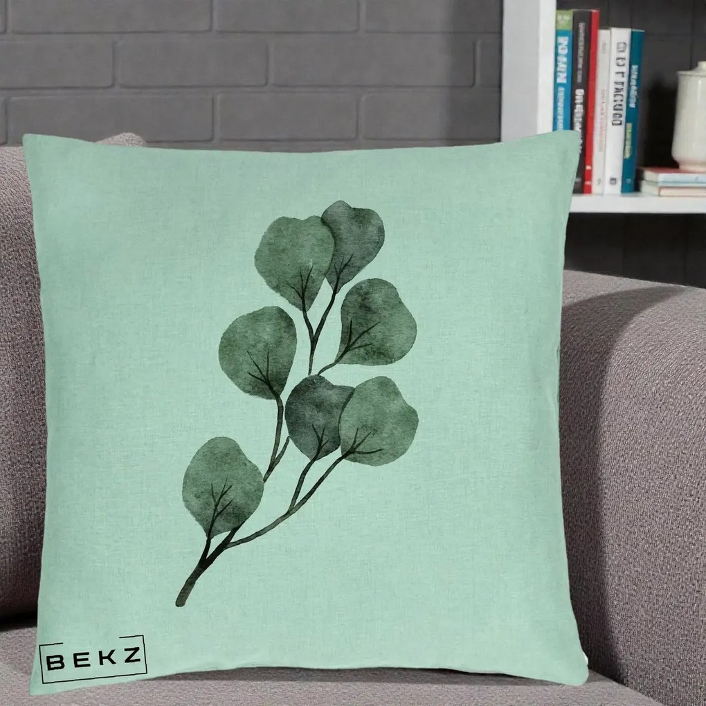 Perna Decorativa Ramura Eucalipt Acuarela, 40x40 cm, Verde Menta, Husa Detasabila, Perna Inclusa, BEKZ®