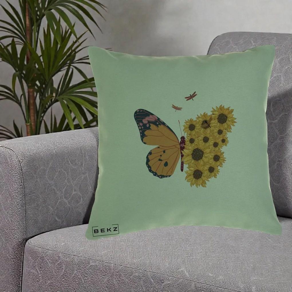 Perna Decorativa Fluture Floarea-Soarelui, 40x40 cm, Verde, Husa Detasabila, Perna Inclusa, BEKZ®