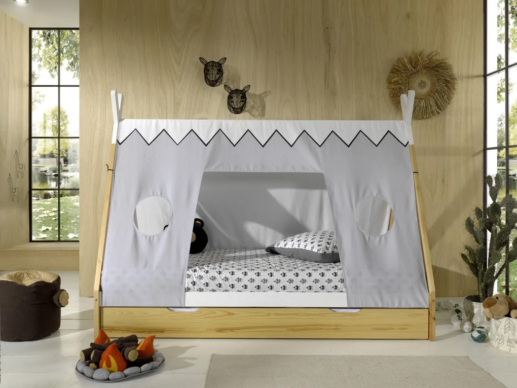 Set TIPI este format din Pat copii înalt fără gard (90 x 200 cm), un sertar în culoare culoare lemn natural și un set de textile asortate.
