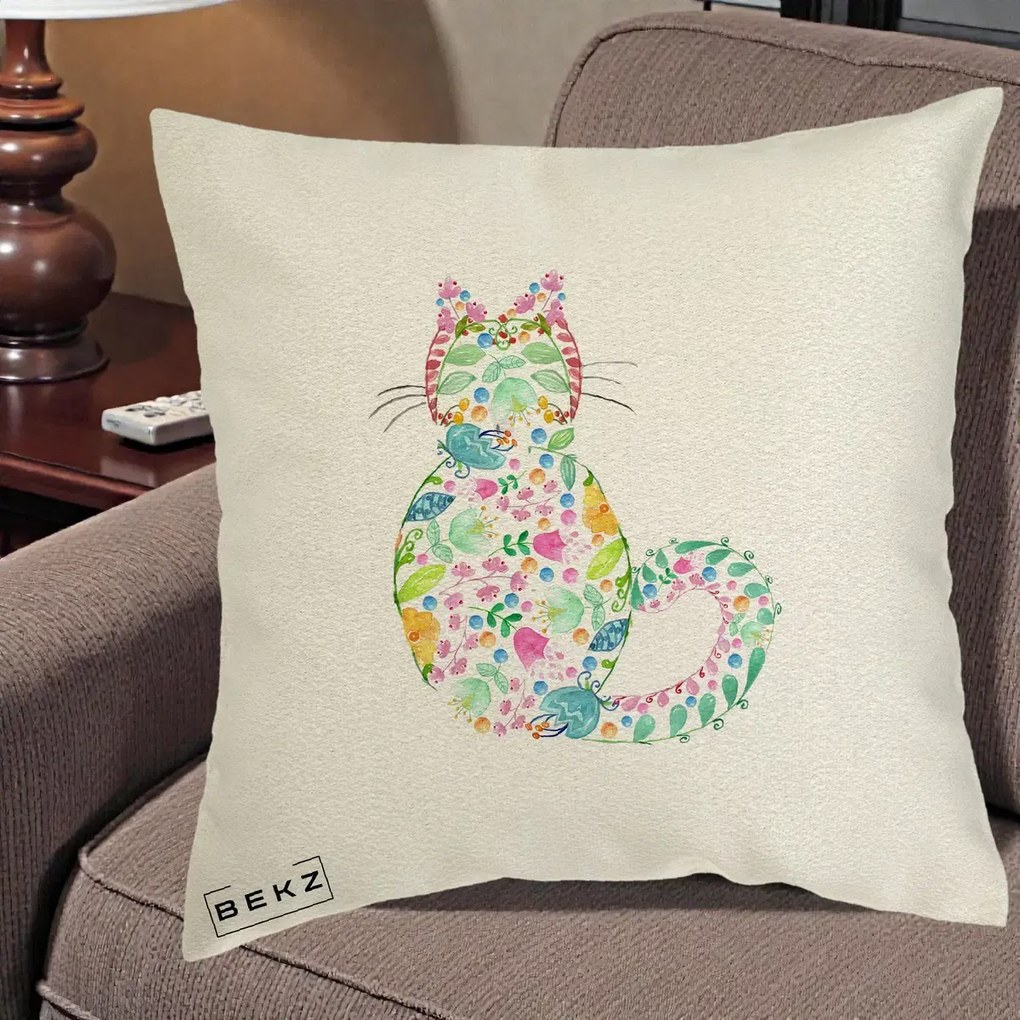 Perna Decorativa Pisica Florala Acuarela, 40x40 cm, Ecru, Husa Detasabila, Perna Inclusa, BEKZ®