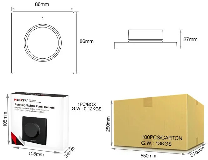 Variator de perete pentru banda LED, compatibil cu banda led monocolora si CCT, montaj aplicat, negru,MiBoxer Milight