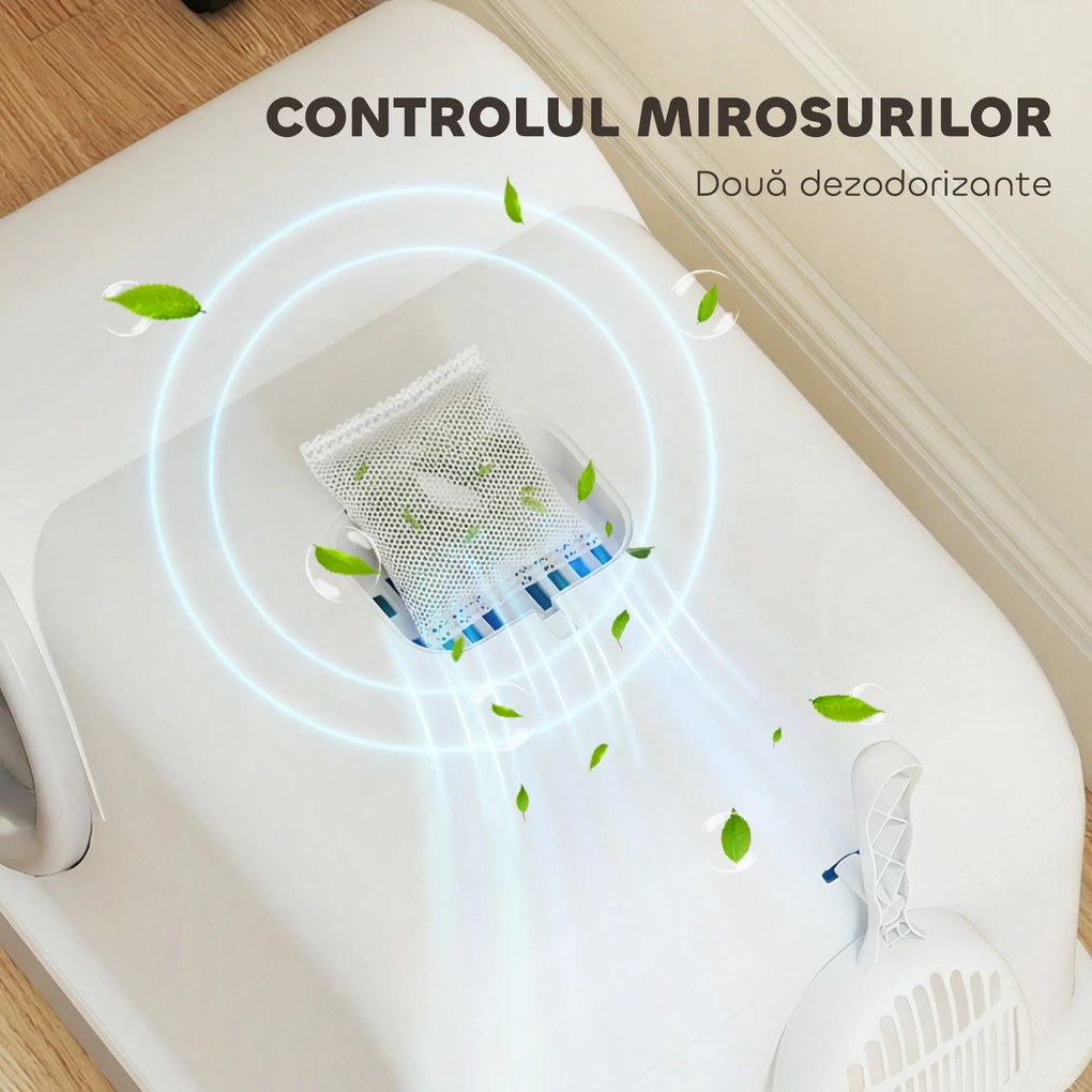 PawHut Litieră pentru Pisici cu Capac, Litiere Pisici cu Tavă și Lopățică Inclusă, Saci Deodorant, Ușor de Curățat, Alb și Gri | Aosom Romania