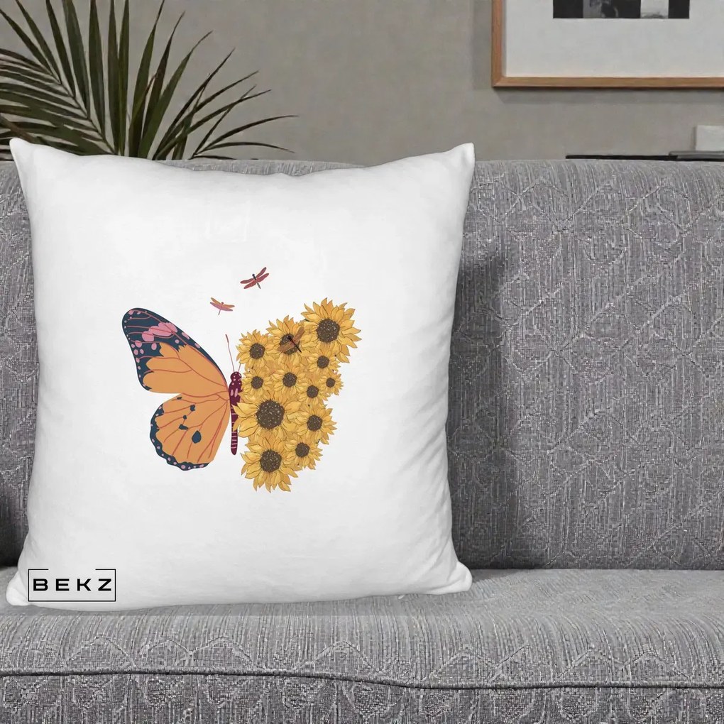 Perna decorativa Fluture Floarea-Soarelui, 40x40 cm cu Umplutura, Alb Pufos, BEKZ