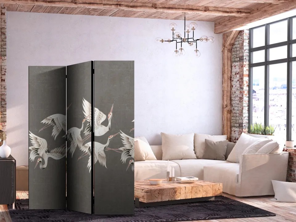 Paravan - Ornament with cranes - bright bird silhouettes on a textured grey background