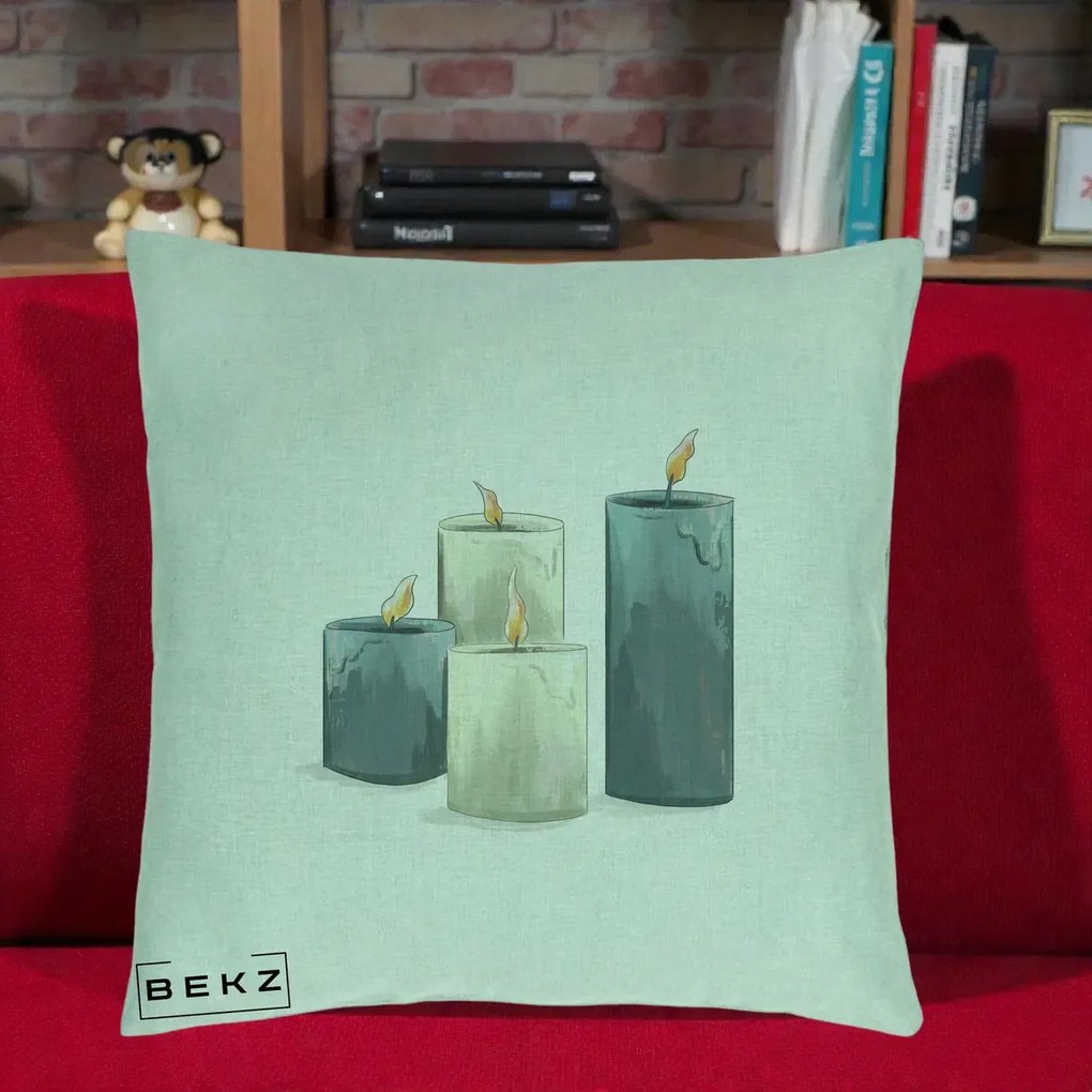 Perna Decorativa Lumanari Hygge Alb-Verde, 40x40 cm, Verde Menta, Husa Detasabila, Perna Inclusa, BEKZ®