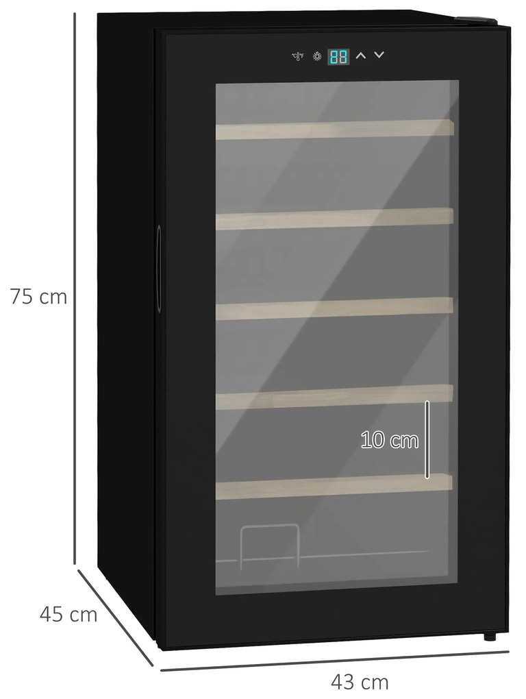 HOMCOM Frigider de Vinuri pentru 24 de Sticle de Sine Statator cu Usa de Sticla Frigider de 65 de litri cu o Singura Zona de Racire a Vinurilor cu Comenzi Digitale cu Ecran Tactil si Lumina LED Negru | Aosom Romania