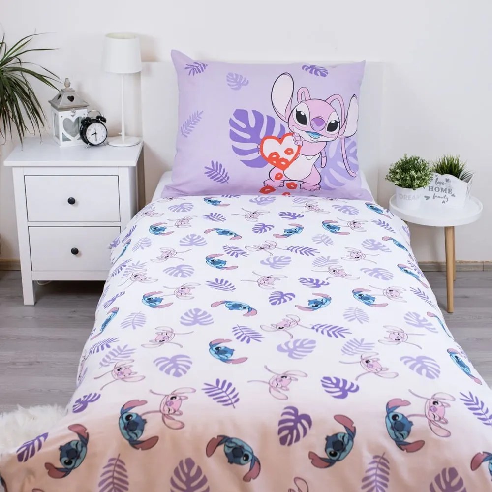 Lenjerie de pat pentru copii mov din bumbac pentru pat de o persoană 140x200 cm Lilo and Stitch "Kiss" – Jerry Fabrics