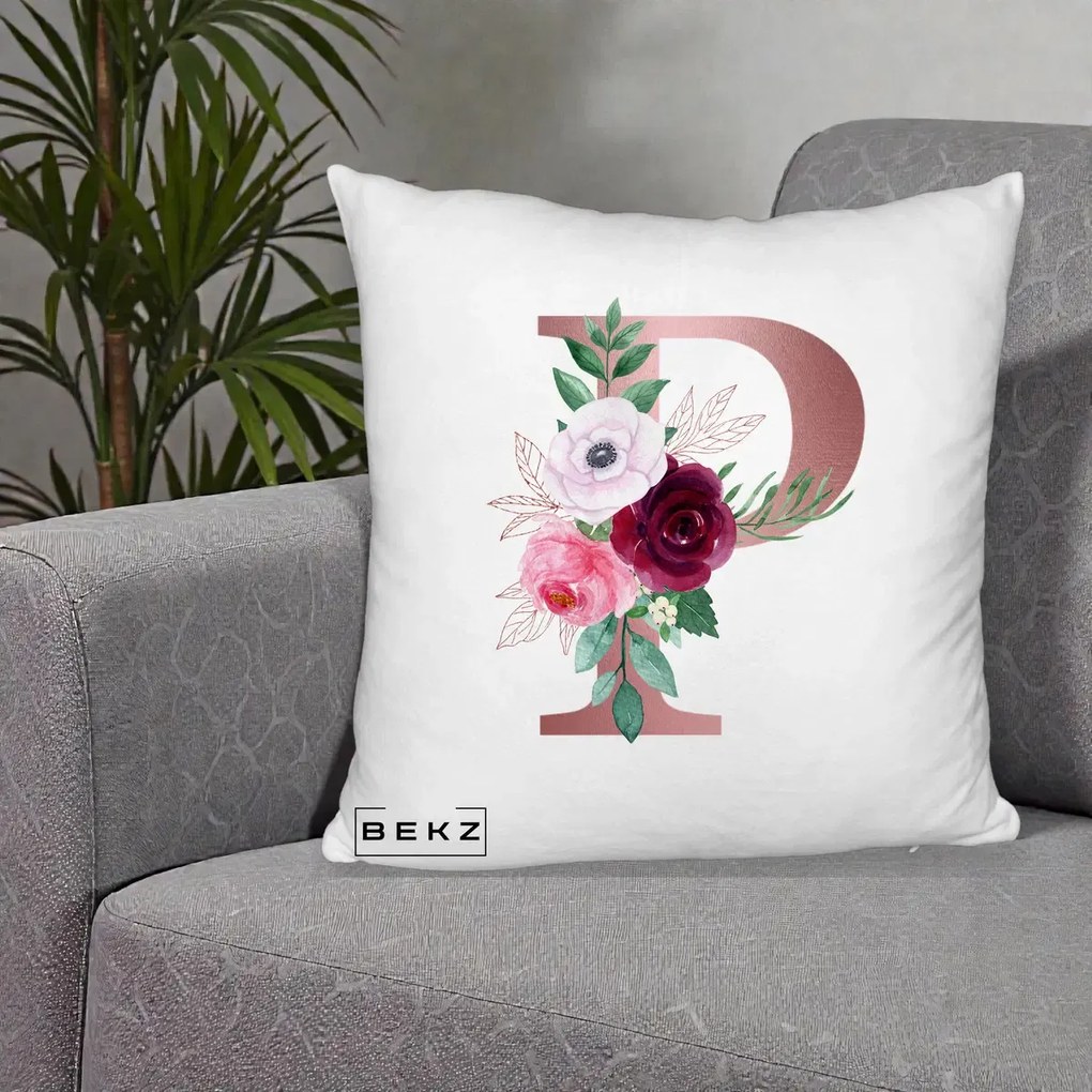 Cadou Personalizat - Perna Personalizata Monograma Rose Gold Litera P, 40x40 cm, Alb Pufos, Husa Detasabila, Perna Inclusa, BEKZ®