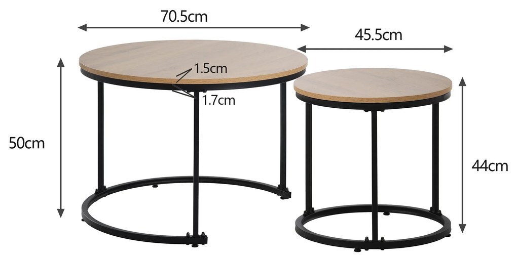 Set de 2 Măsuțe de Cafea Rotunde, Măsuțe Suprapozabile din MDF cu Structură din Metal, Design Economisire Spațiu, Masă Mare: 50 x 70,5 cm, Masă Mică: 45,5 x 44 cm, Naturale