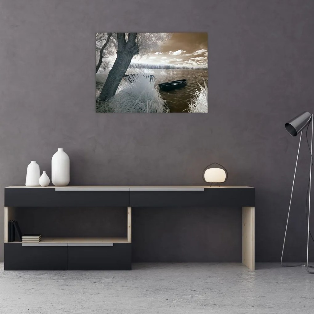 Tablou pe sticlă cu barca pe lac (70x50 cm)