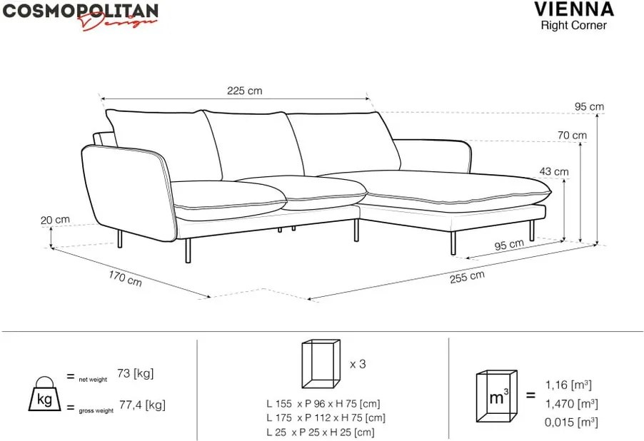 Colțar cu șezlong pe partea dreaptă Cosmopolitan Design Vienna, verde petrol