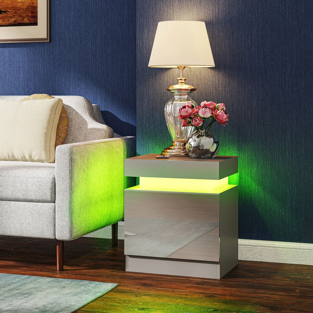 HOMCOM Mesa de Noapte cu Lumini LED 2 Sertare și Telecomandă Masă de Noapte pentru Dormitor Sufragerie 45x35x52 cm Gri | Aosom Romania