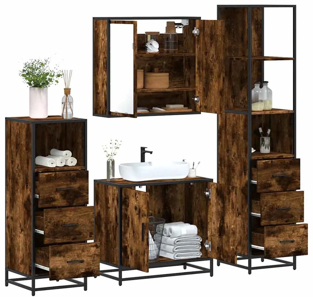 vidaXL Set de mobilier de baie 4 piese Lemn prelucrat de stejar afumat