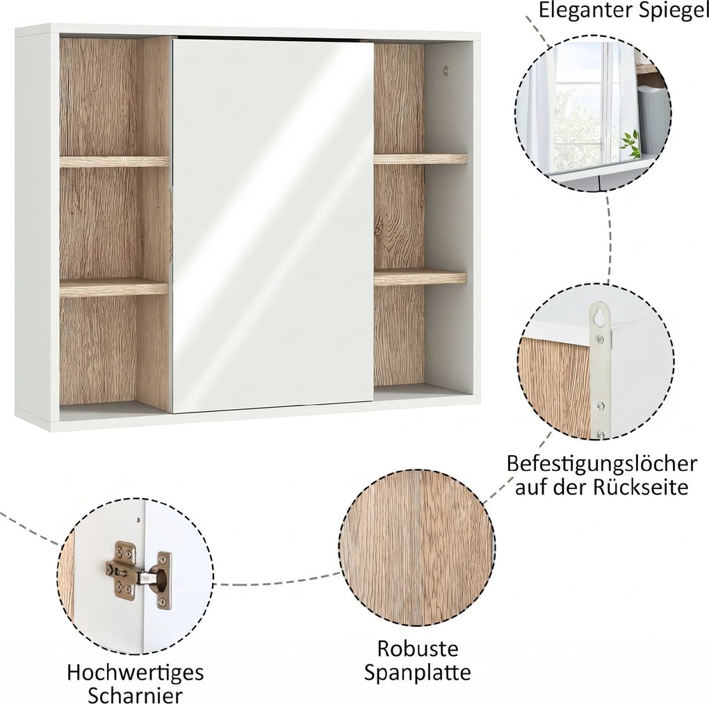 HOMCOM Dulap cu Oglinda din MDF si PAL, Dulap de Baie cu 3 Rafturi Laterale si Raft Interior Reglabil, 60x14.5x49.4 cm, Alb si Lemn Natur | Aosom RO
