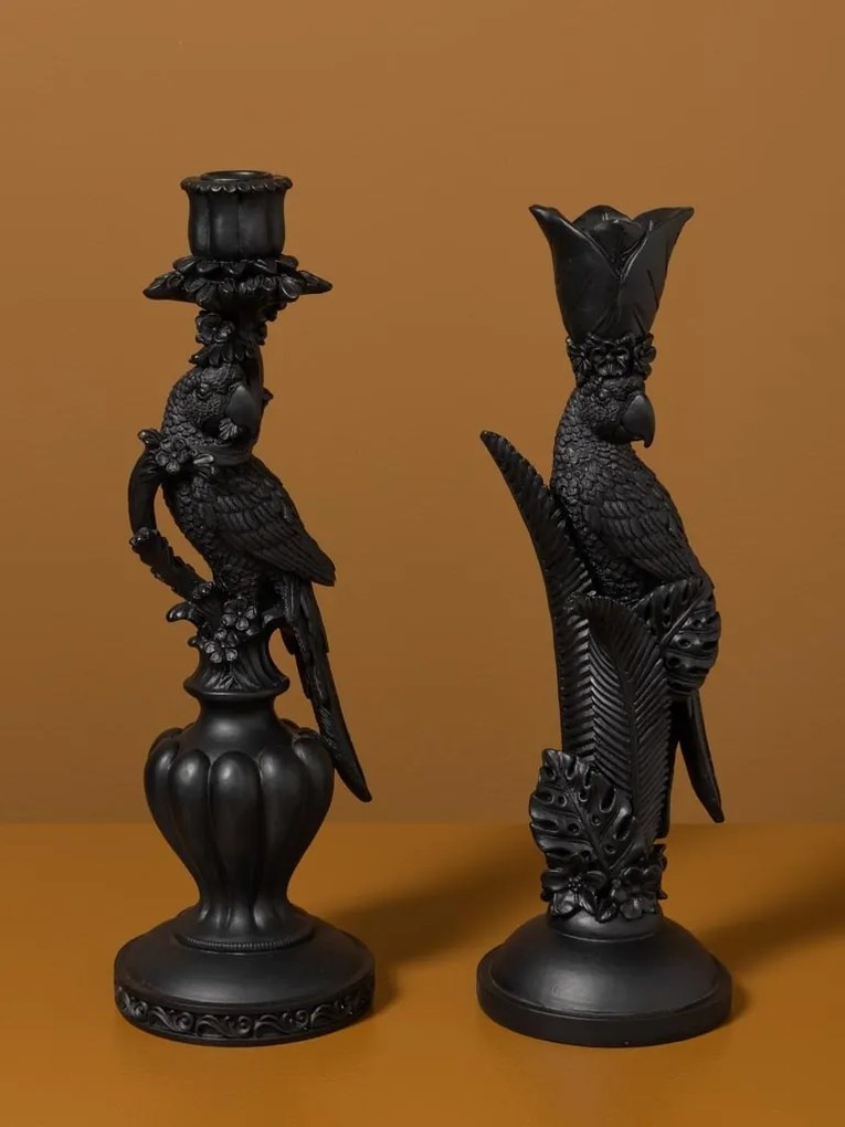 Sfeșnic din rășină cu papagal pe piedestal sculptat, negru antichizat-auriu, finisaj patinat, 33,5×11 cm, „Perroquet"