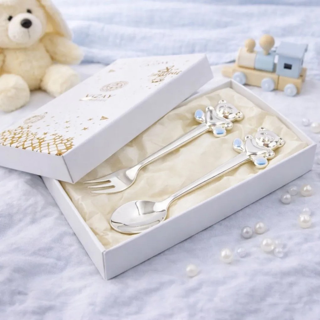 Set tacâmuri copii AZAY ursuleț albastru, linguriță și furculiță, cutie cadou elegantă cu tissue paper, 14.5 cm