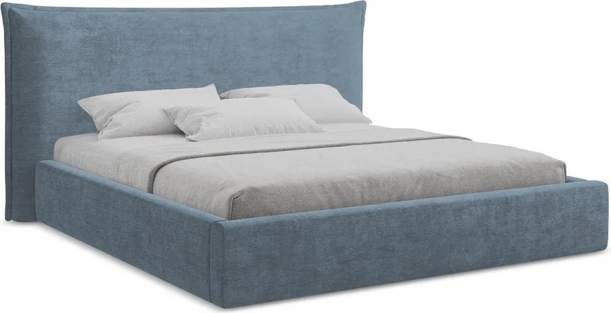 Pat matrimonial albastru tapițat cu spațiu de depozitare cu somieră 180x200 cm Esala – Makamii